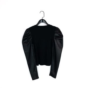 Zara Black Ribbed Knit Faux Leather Balloon Sleeves Statements Tops Size S . NWT